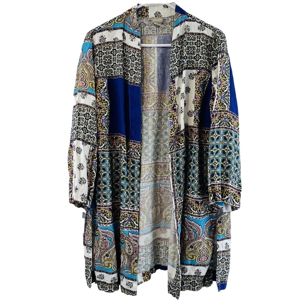 Womens Chico's 12/14 Patchwork Linen Duster Jacket‎ Open Front 3/4 Sleeves